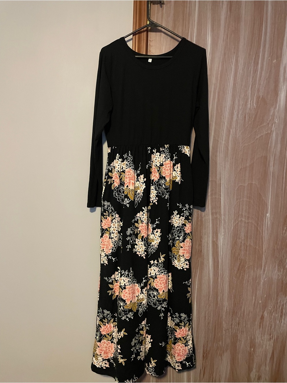 Black Floral Long Sleeve Maxi Dress with Peach Blooms